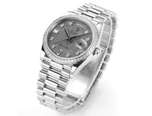 Rolex Day-Date 128398TBR White Gold Roman Numeral Dial Baguette Diamond Bezel