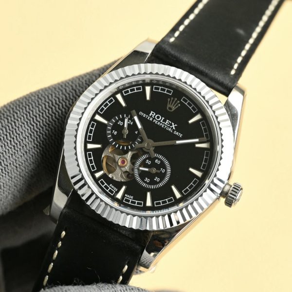 Rolex Day-Date Black Dial Skeleton Design with Dual Sub-dials, Leather Strap - Image 3