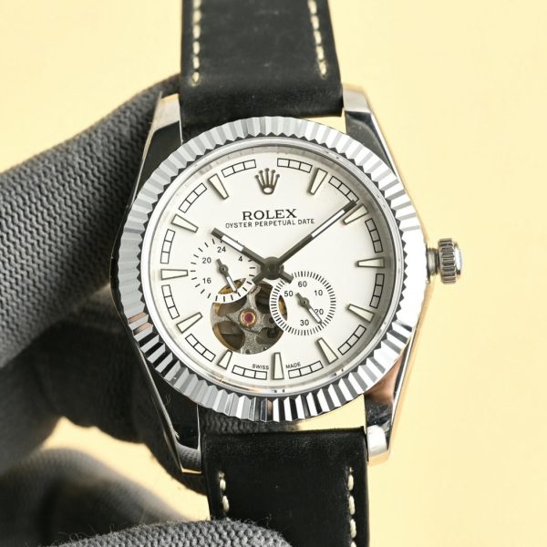 Rolex Day-Date Black Dial Skeleton Design with Dual Sub-dials, Leather Strap - Image 4