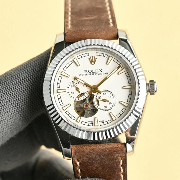 Rolex Day-Date Black Dial Skeleton Design with Dual Sub-dials, Leather Strap - Image 5