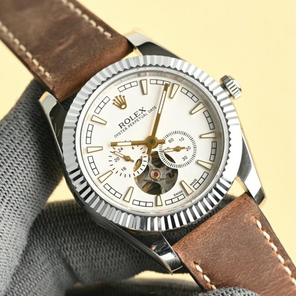 Rolex Day-Date Black Dial Skeleton Design with Dual Sub-dials, Leather Strap - Image 6