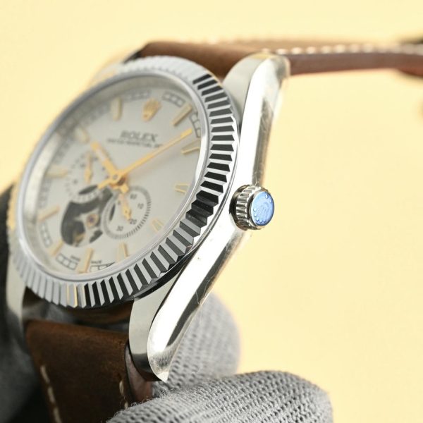 Rolex Day-Date Black Dial Skeleton Design with Dual Sub-dials, Leather Strap - Image 7