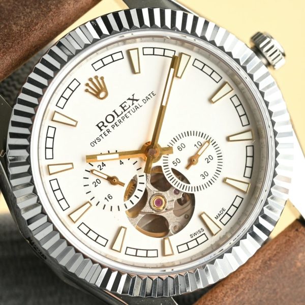 Rolex Day-Date Black Dial Skeleton Design with Dual Sub-dials, Leather Strap - Image 8